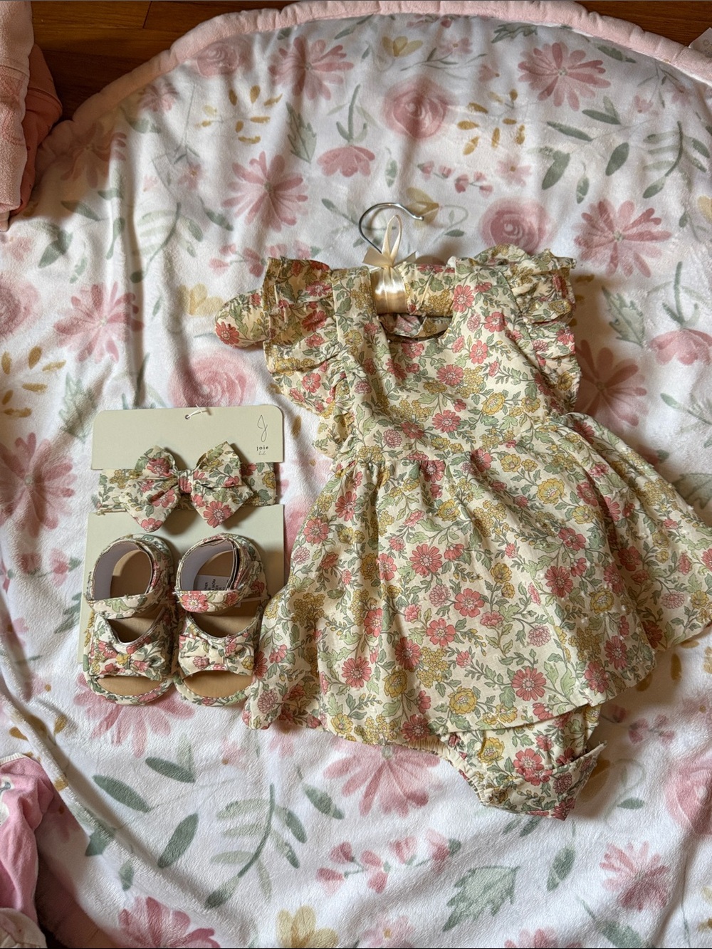 Floral Ruffle Baby Dress with Matching Bow & Sandals